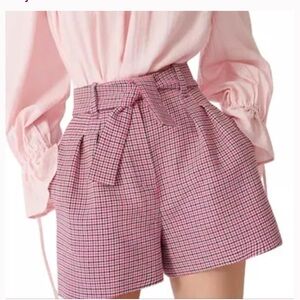 Maje Pink Houndstooth High-Waist Tie-Front Shorts